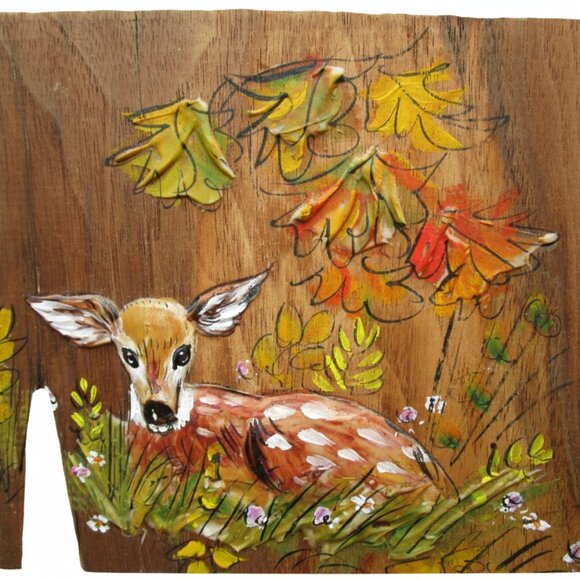 Hand-Painted Wood Art, Original Deer Fawn Painting, Rustic Cottagecore Decor - Picture 3 of 11